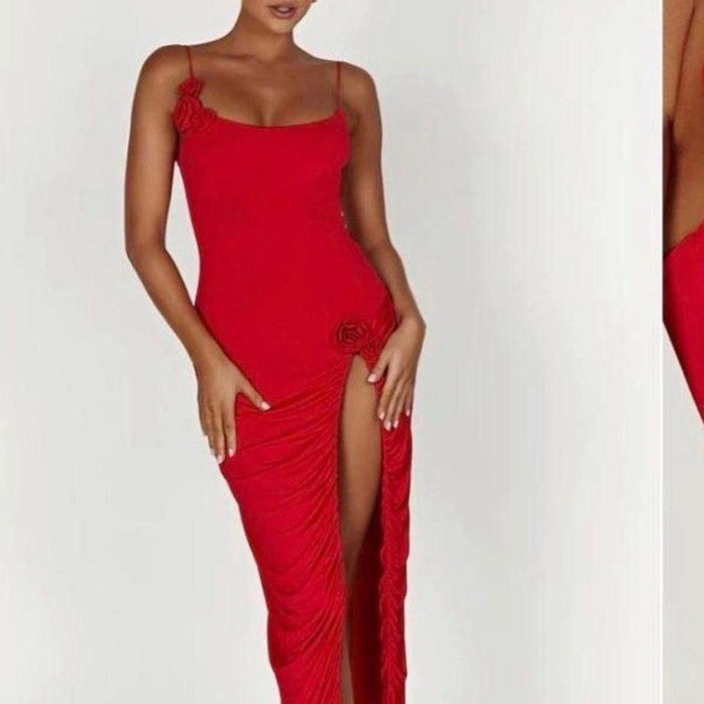 Red Ruched Slit Meshki Dress